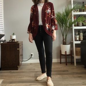 Burgundy Floral Kimono Style Top with Lace Trim